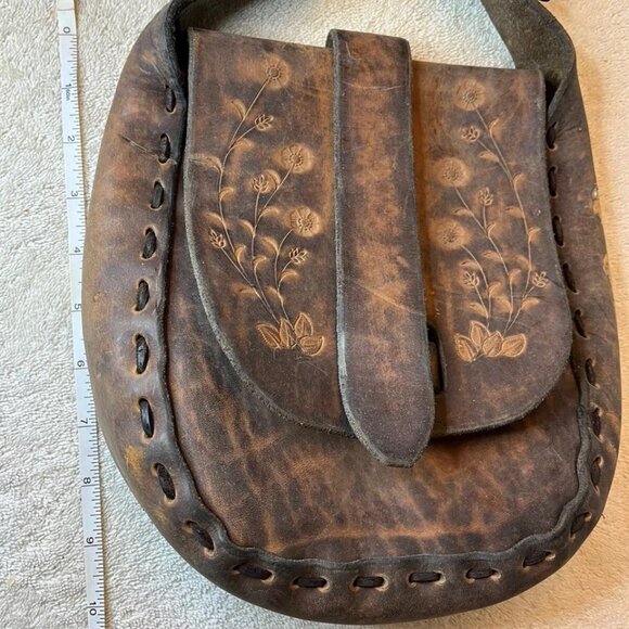 Vintage Hand Tooled Leather Satchel Shoulder Bag Purse Flower Floral Pattern - Picture 9 of 11